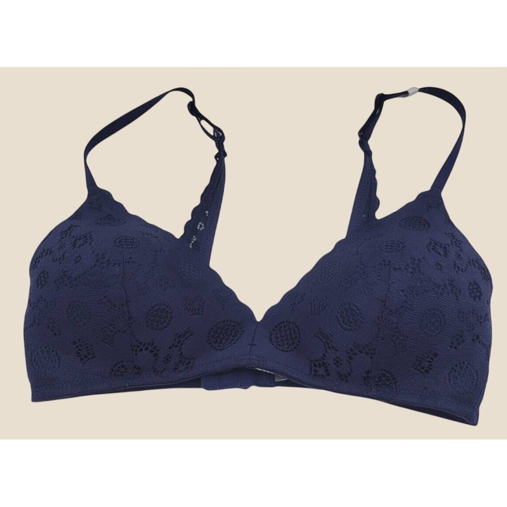 Aerie Wireless Bra Floral Lace Scalloped Padded Comfort Lingerie Navy Blue 34C